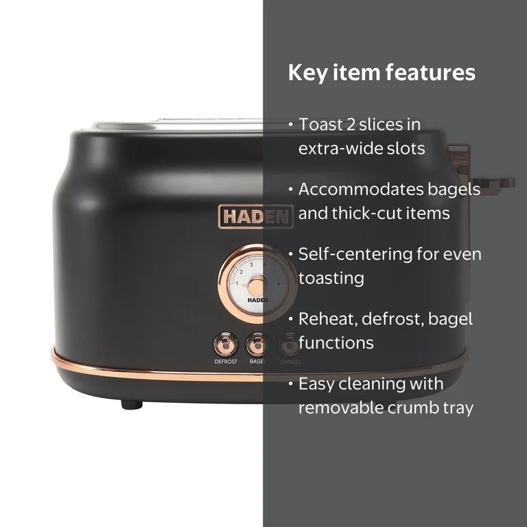 HADEN Dorset Retro-Chic 2-Slice Wide Slot Toaster, Black & Copper