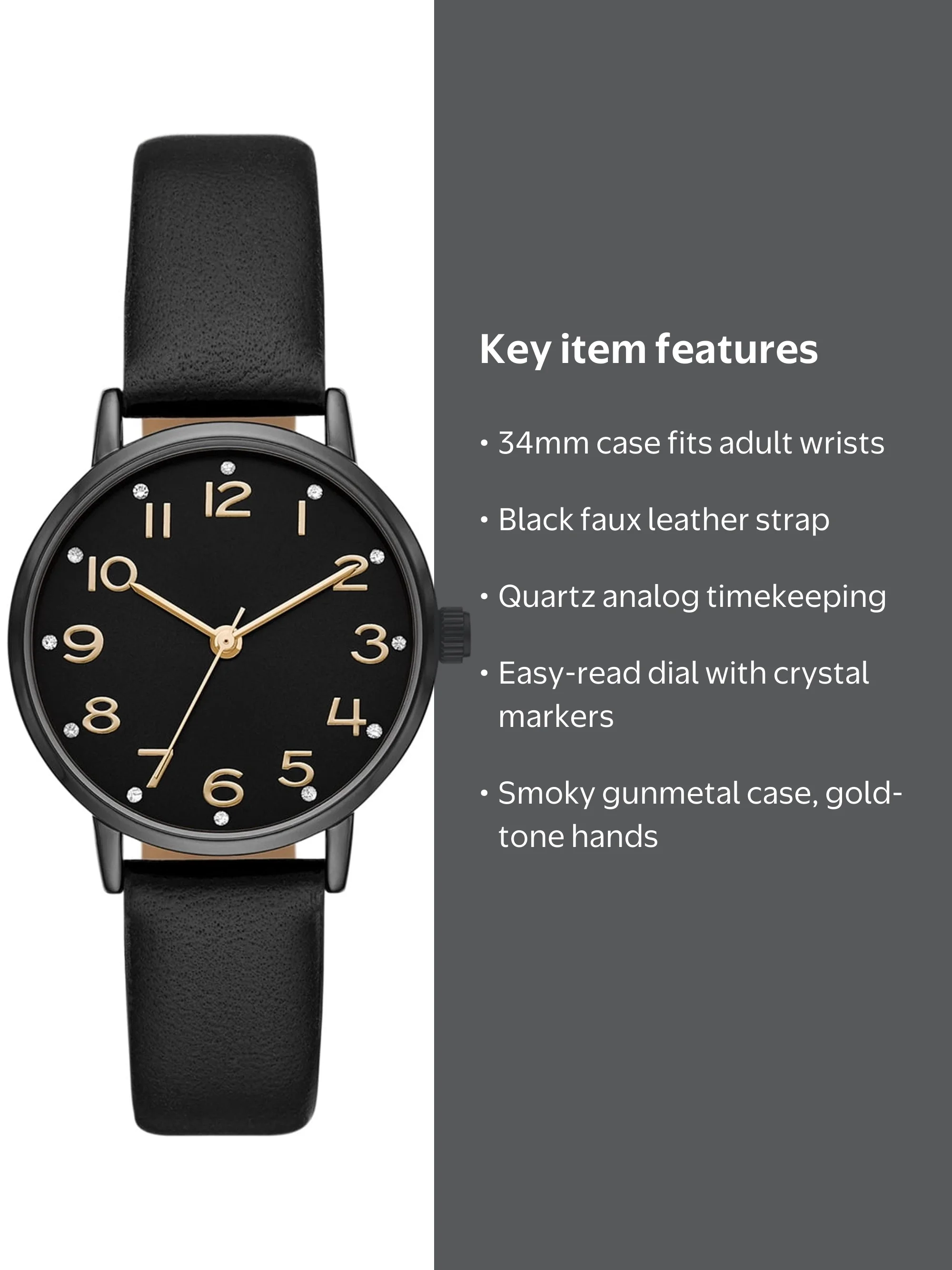 Time and Tru Gunmetal Crystal Accent Watch, Women