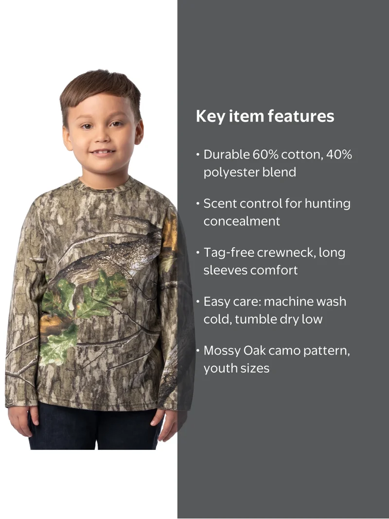 Mossy Oak Youth Hunting Camo Long Sleeve T-Shirt, Size XS-XL