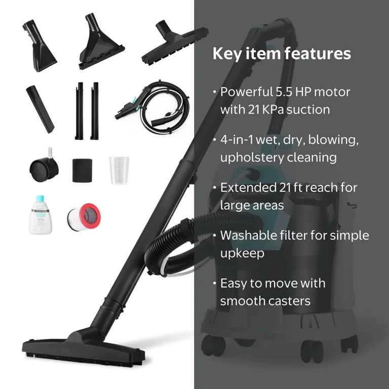 HAUSHOF, Wet Dry Upholstery Vacuum Cleaner, 4 gal, 5.5 Peak HP
