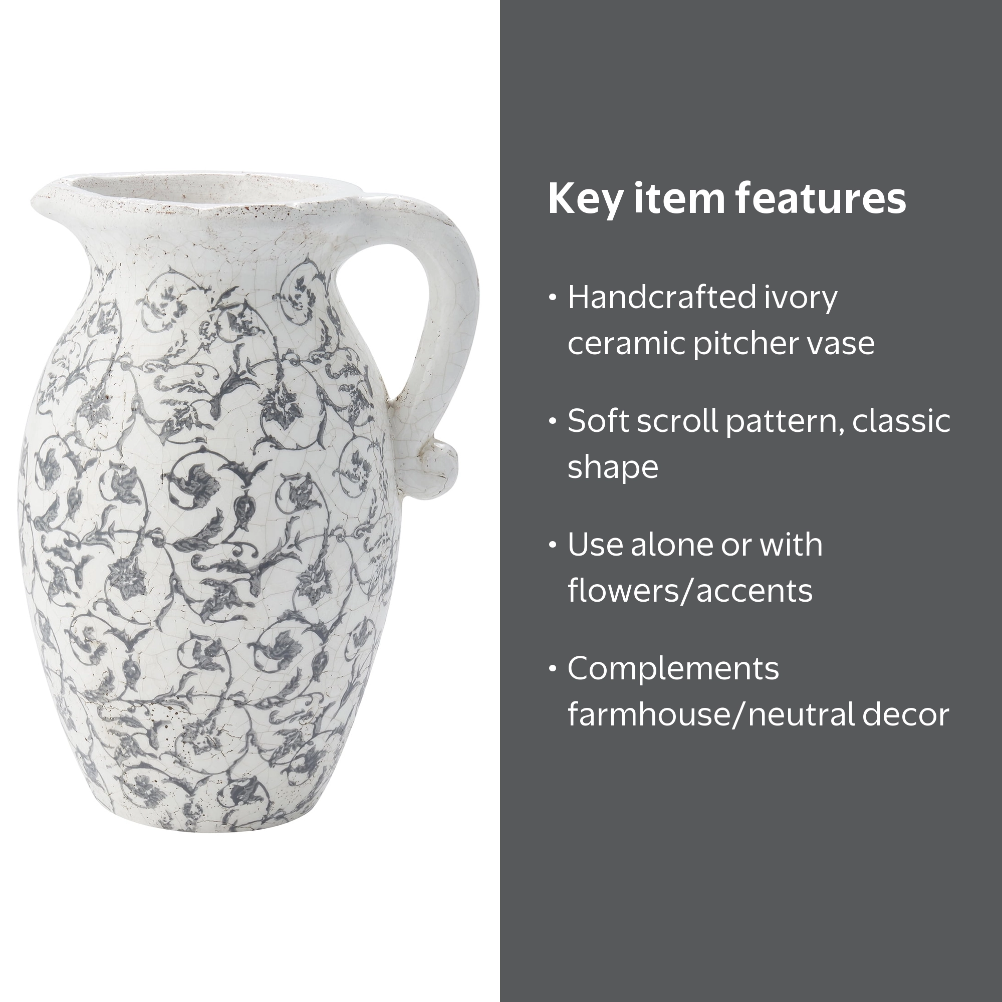 My Texas House 9 in Ivory Scroll Pattern Ceramic Pitcher Vase
