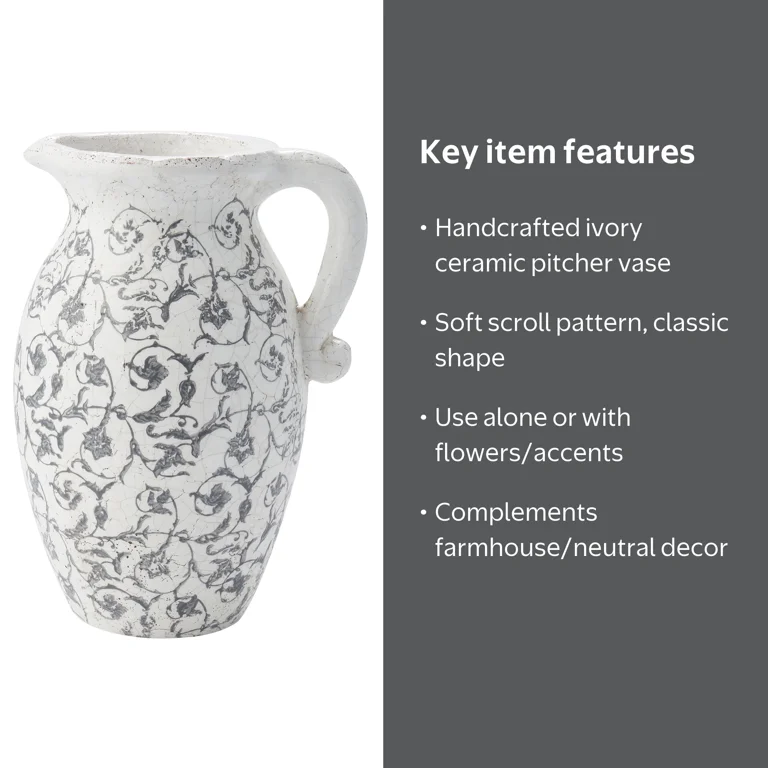 My Texas House 9 in Ivory Scroll Pattern Ceramic Pitcher Vase