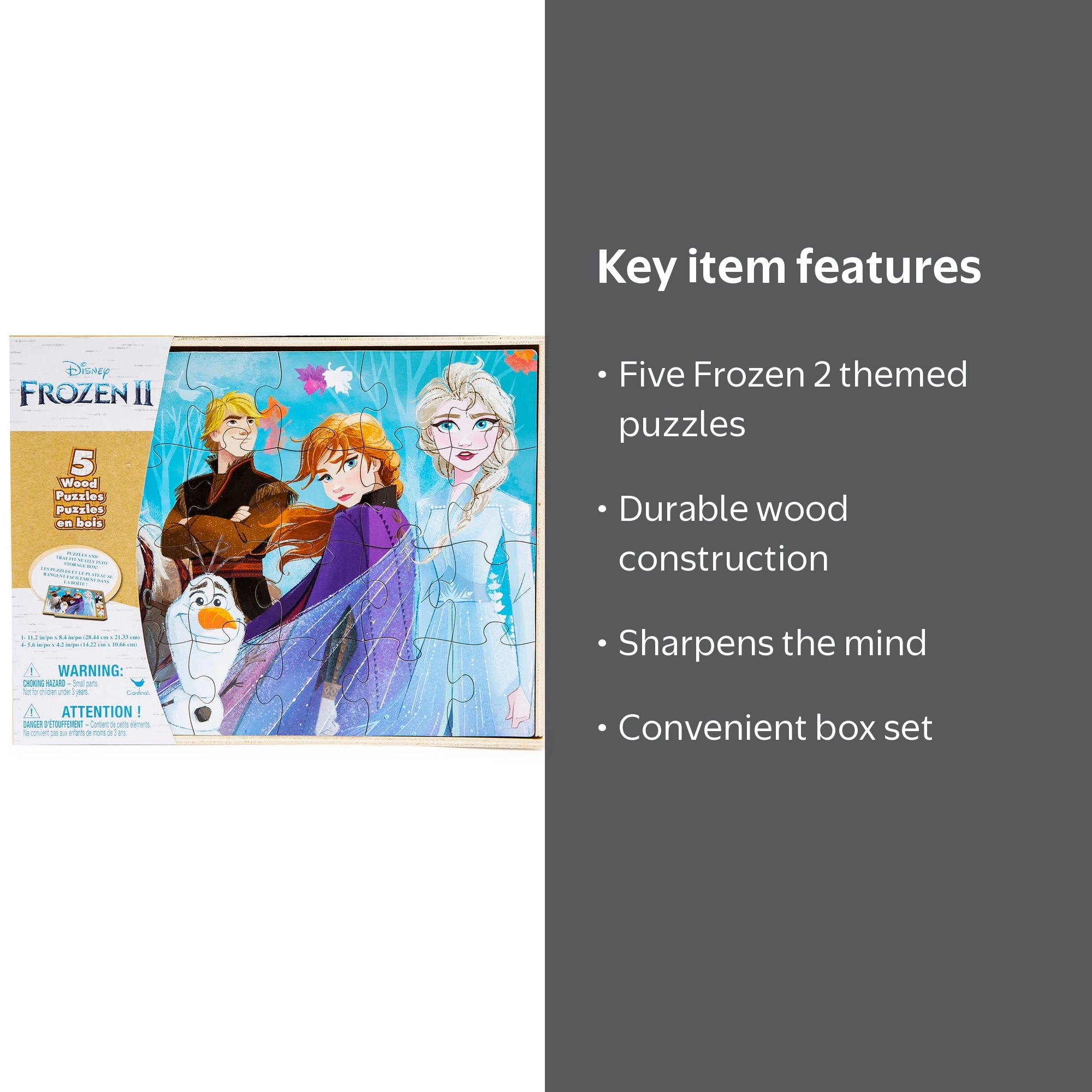 Disney Frozen 2 5 Wood Jigsaw Puzzles in Wood Storage Box for Kids