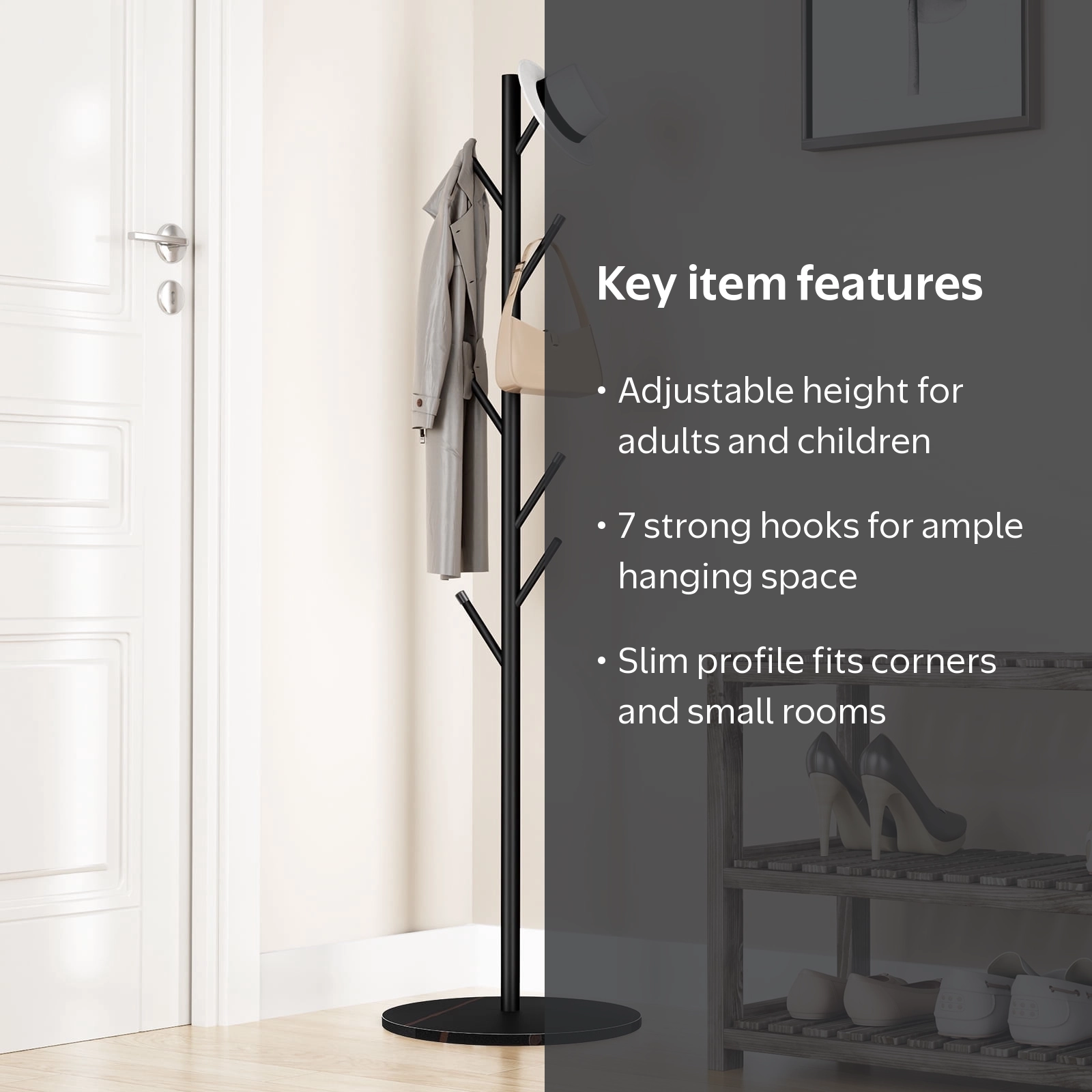 LIZEVINC, Coat Rack, Adjustable Metal Stand with 7 Hooks, Black