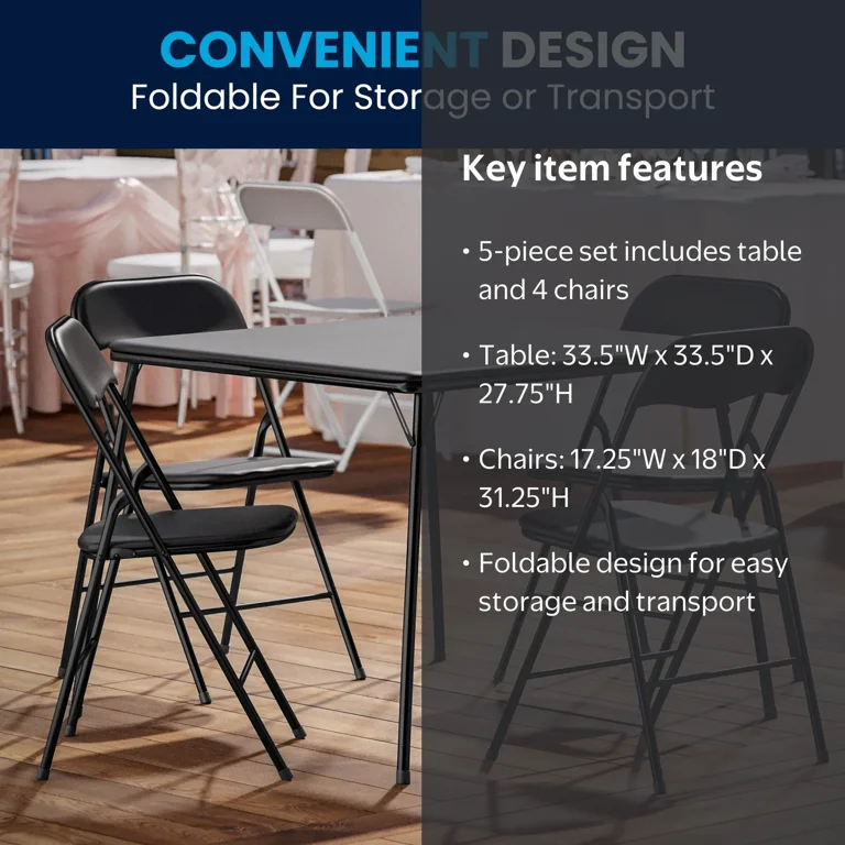 Emma + Oliver, Folding Card Table and Chairs, Black, 33.5