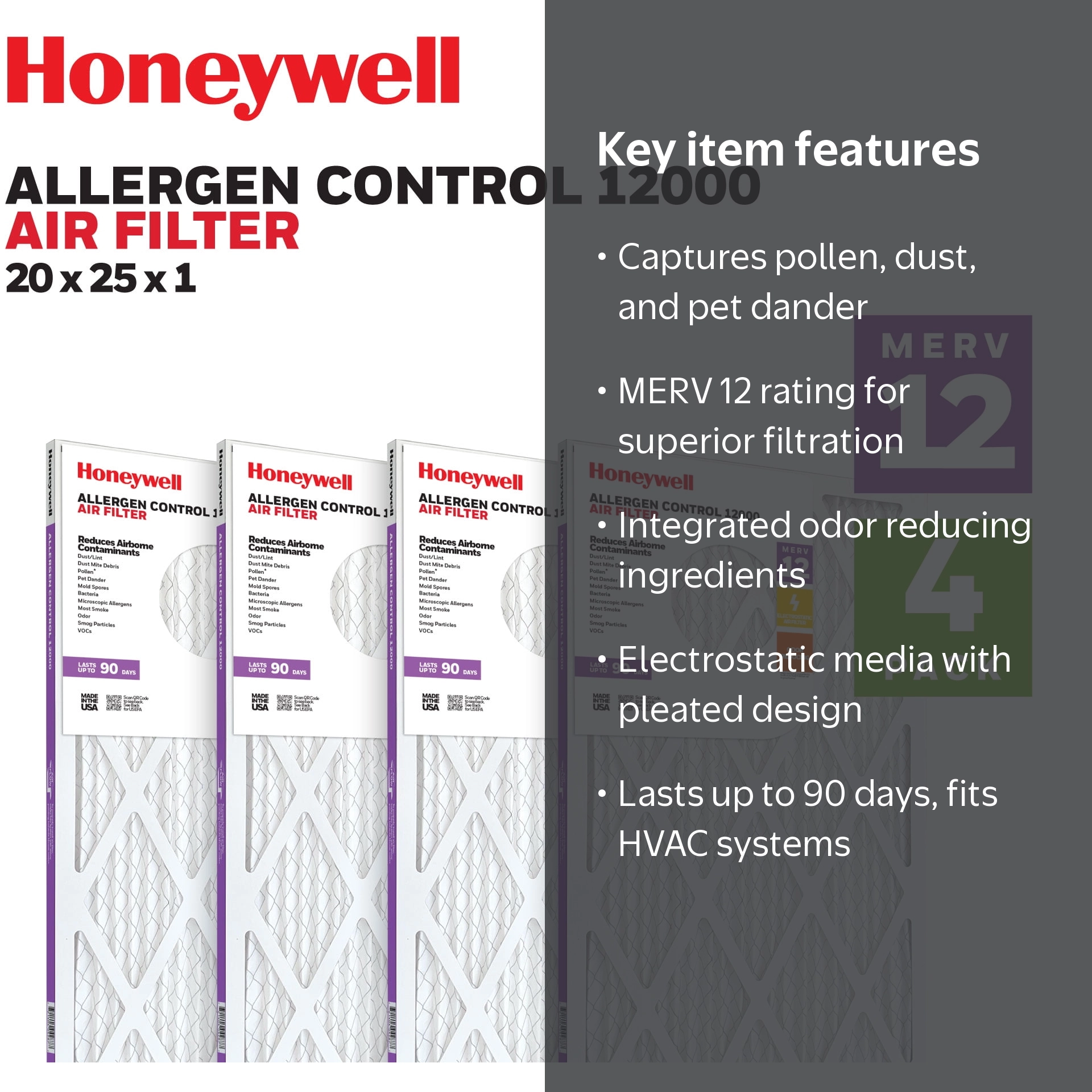 20X25X1 Honeywell Allergen Control 12000 M12 -4PK - Walmart.com