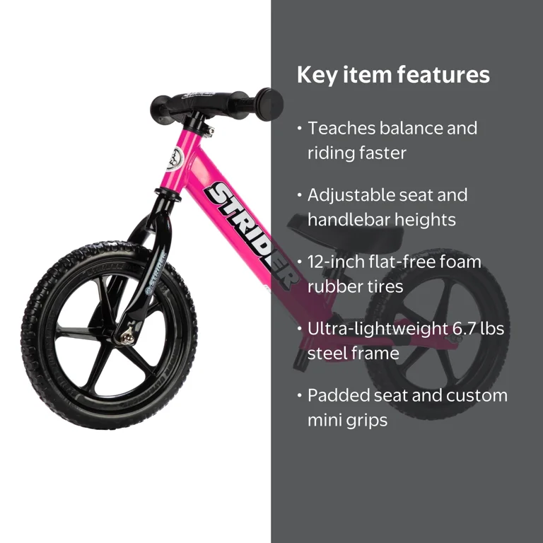 Strider 12 Sport Bike, Pink - No Pedal Balance Bicycle for Kids 1