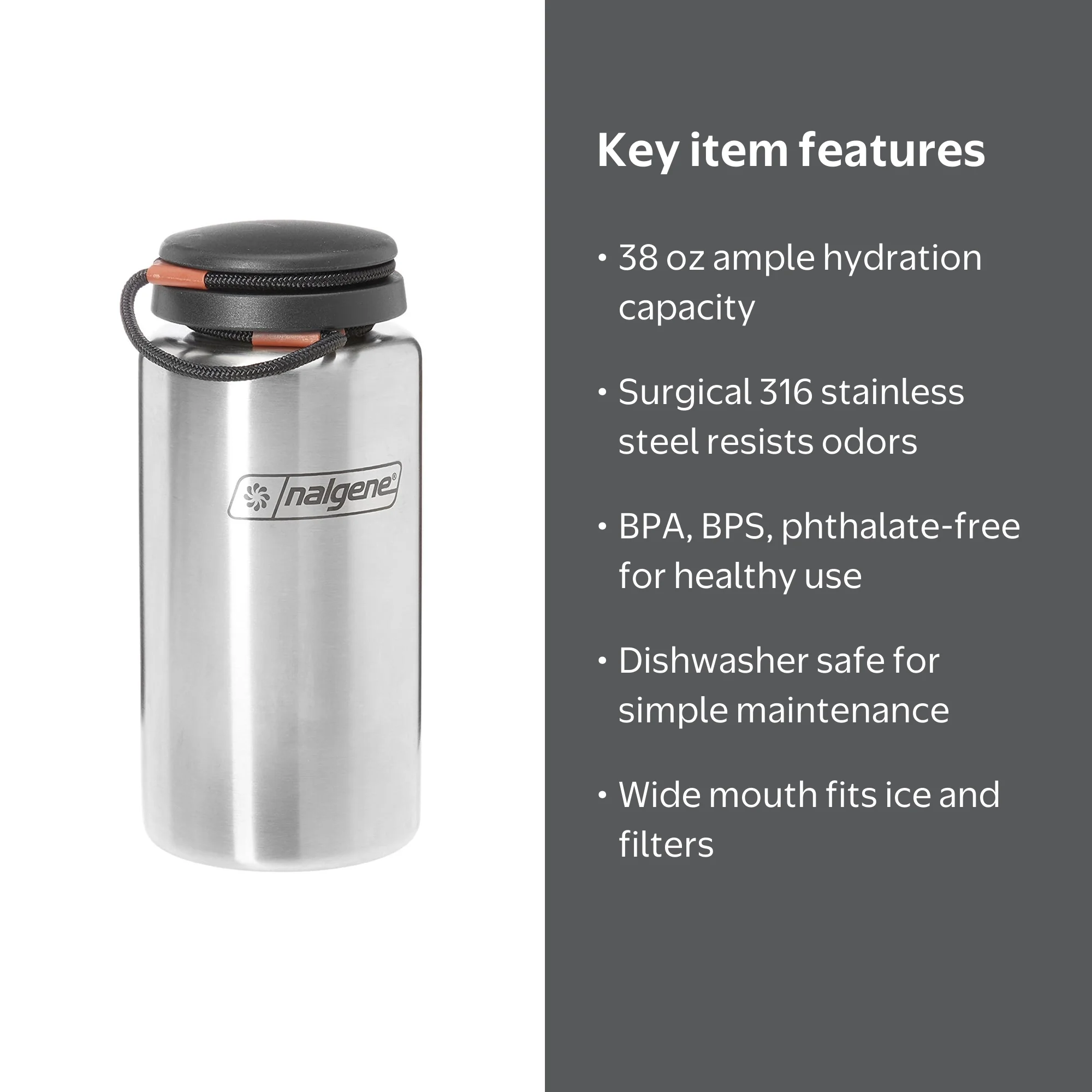 Nalgene 38 oz Stainless Steel Wide Mouth Lid Drink Sport Top Water Bottle,  Silver and Black - Walmart.com