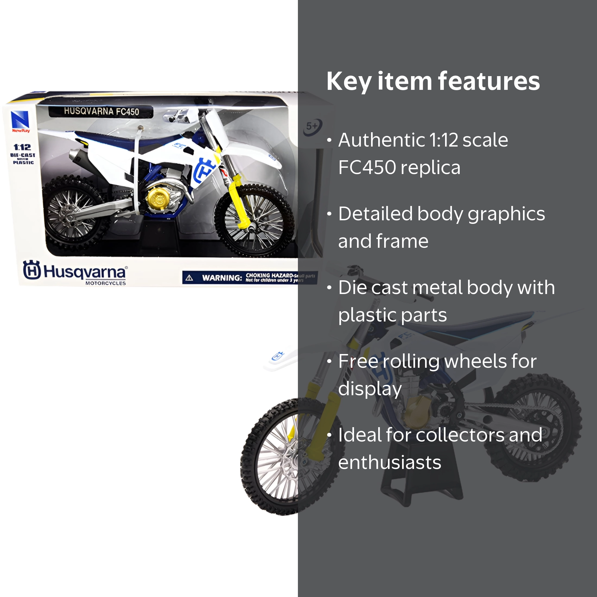 New Ray Toys, Dirt Bike, 1/12 scale Husqvarna FC450 White and Blue