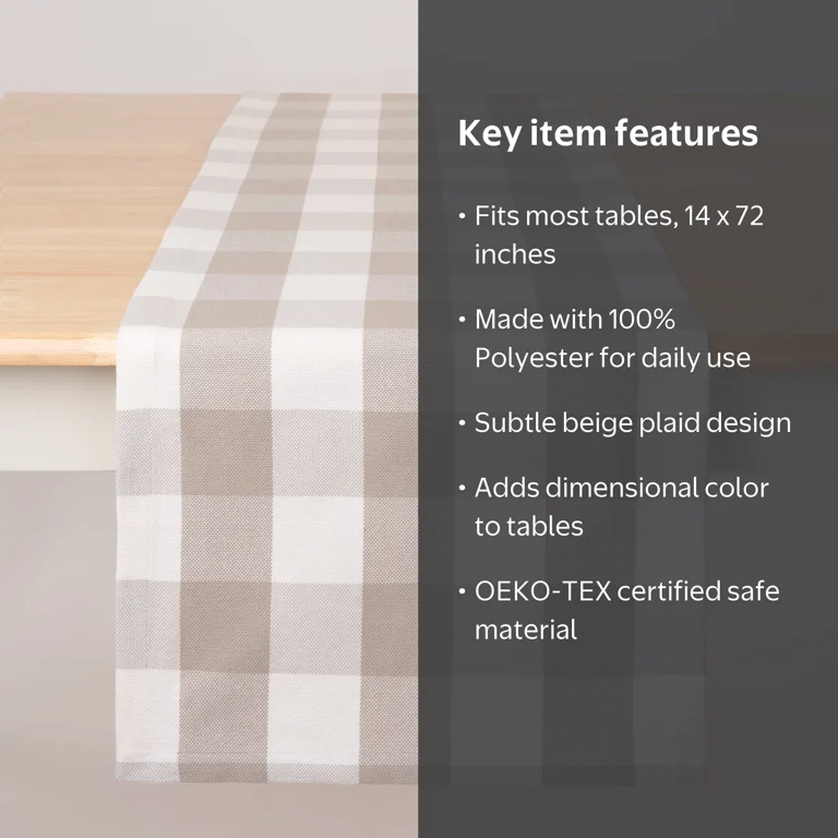 Mainstays Table Runner Beige Plaid, 14 x 72, 100% Polyester, Size: 14 inch x 72 inch