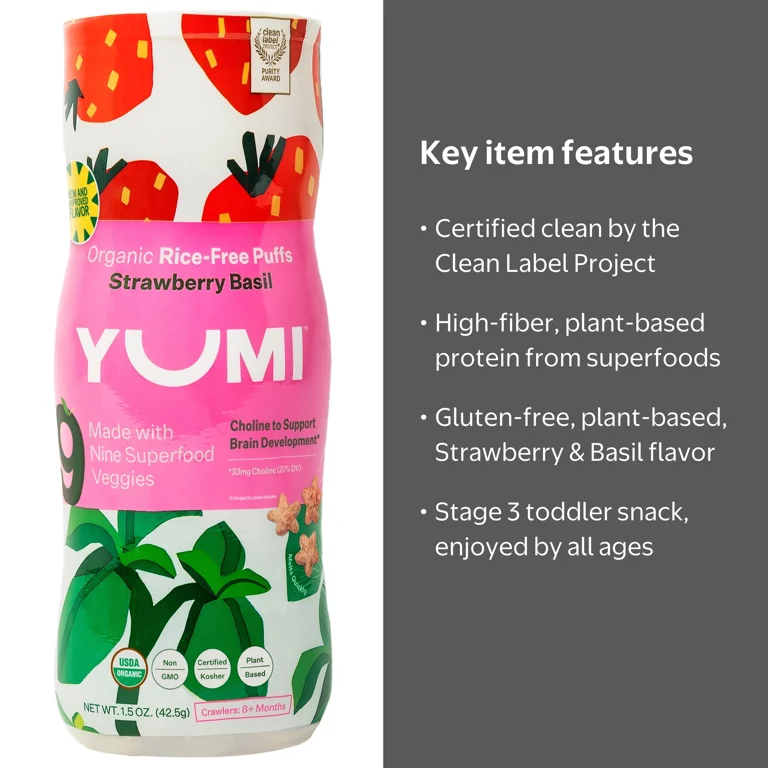 Yumi Organic Stage 3 Strawberry & Basil Puffs 1.5 oz Toddler Snack