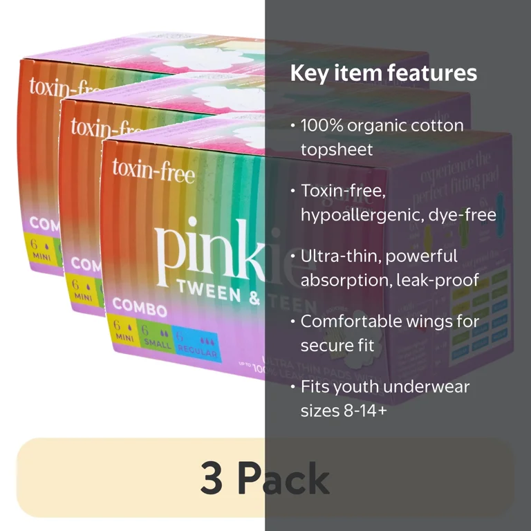 3 pack) Pinkie Teen Pads, Combo Pack, 18 Count, Organic Cotton