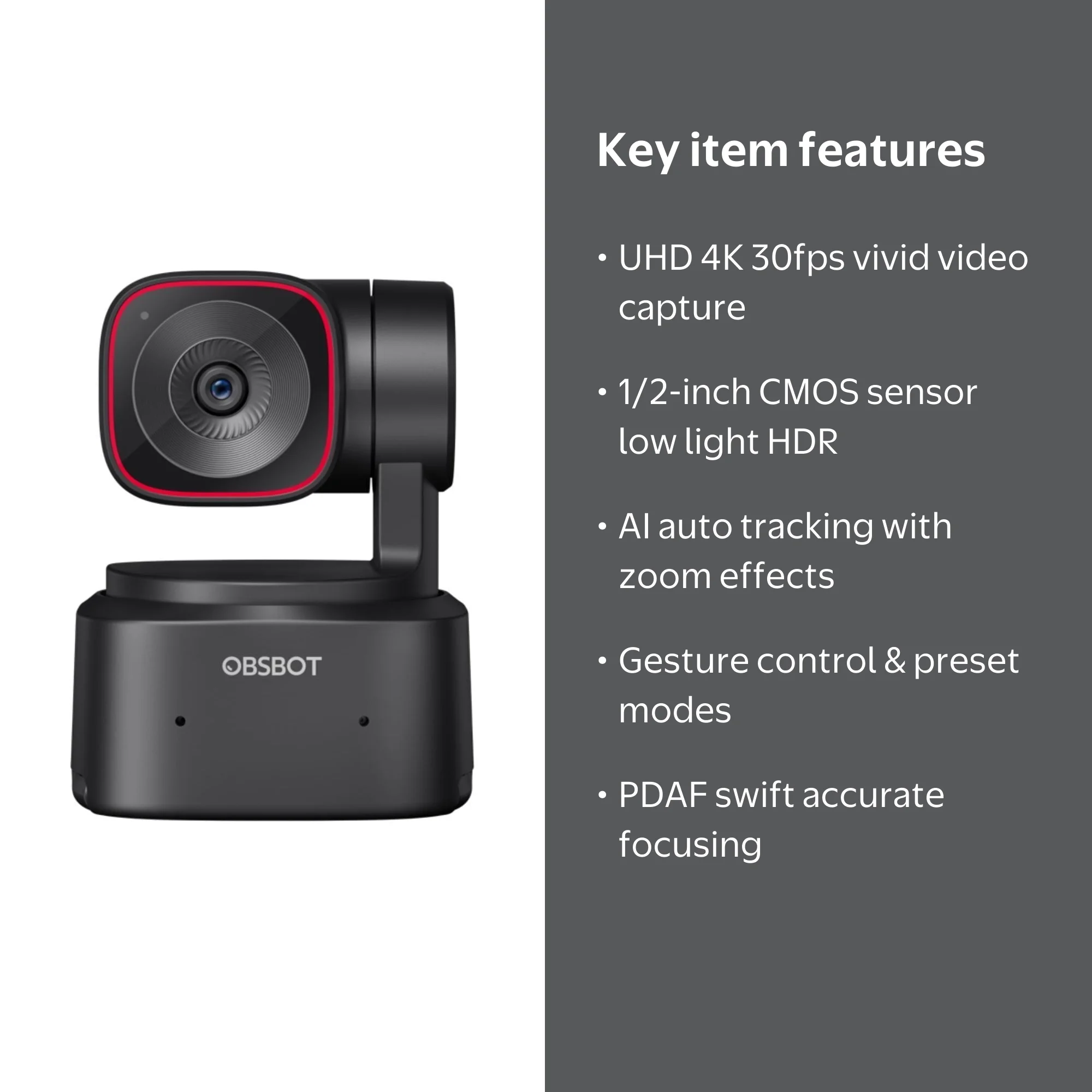 OBSBOT Tiny 2 Lite AI-Powered 4K PTZ Webcam with Auto Tracking and
