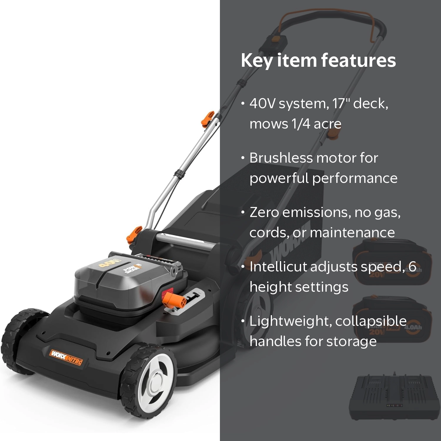 Worx, Lawn Mower, WG745, 40V 17'' Cordless Push with 2 Batteries