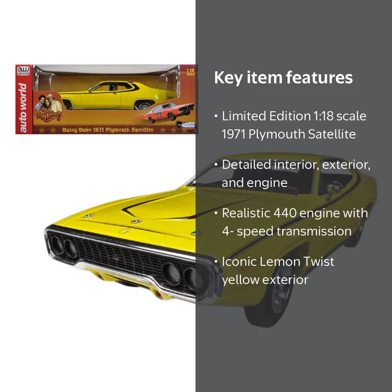 オートワールド1971 Plymouth Satellite 1/18 AUTOWORLD DAISY DUKE 1971 PLYMOUTH SATELLITE 1:18 DIECAST