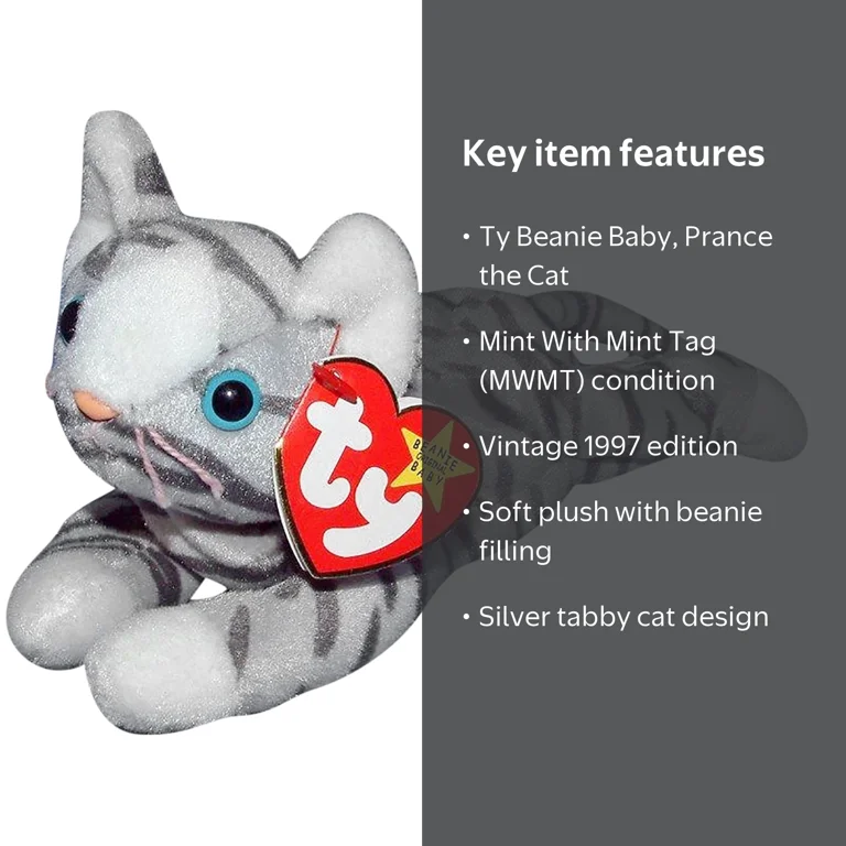 Prance the Cat Stuffed Animal, Beanie Baby Collectible Plush, Gray