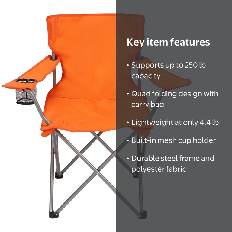 Ozark Trail Quad Folding Camp Chair with Cup Holder, Orange
