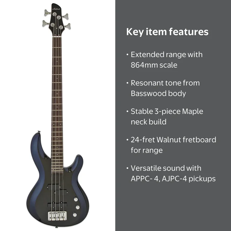 Aria Pro II IGB-STD Electric Bass Guitar, Metallic Black, 24-Fret