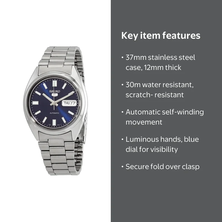 Seiko Automatic Watch, Blue Dial, Stainless Steel Case, 37 mm
