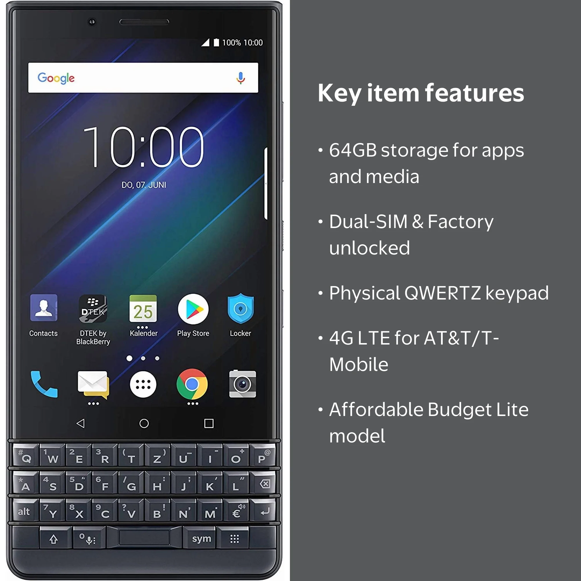 BlackBerry KEY2 LE (Lite) Dual-SIM (64GB, BBE100-4, QWERTZ Keypad