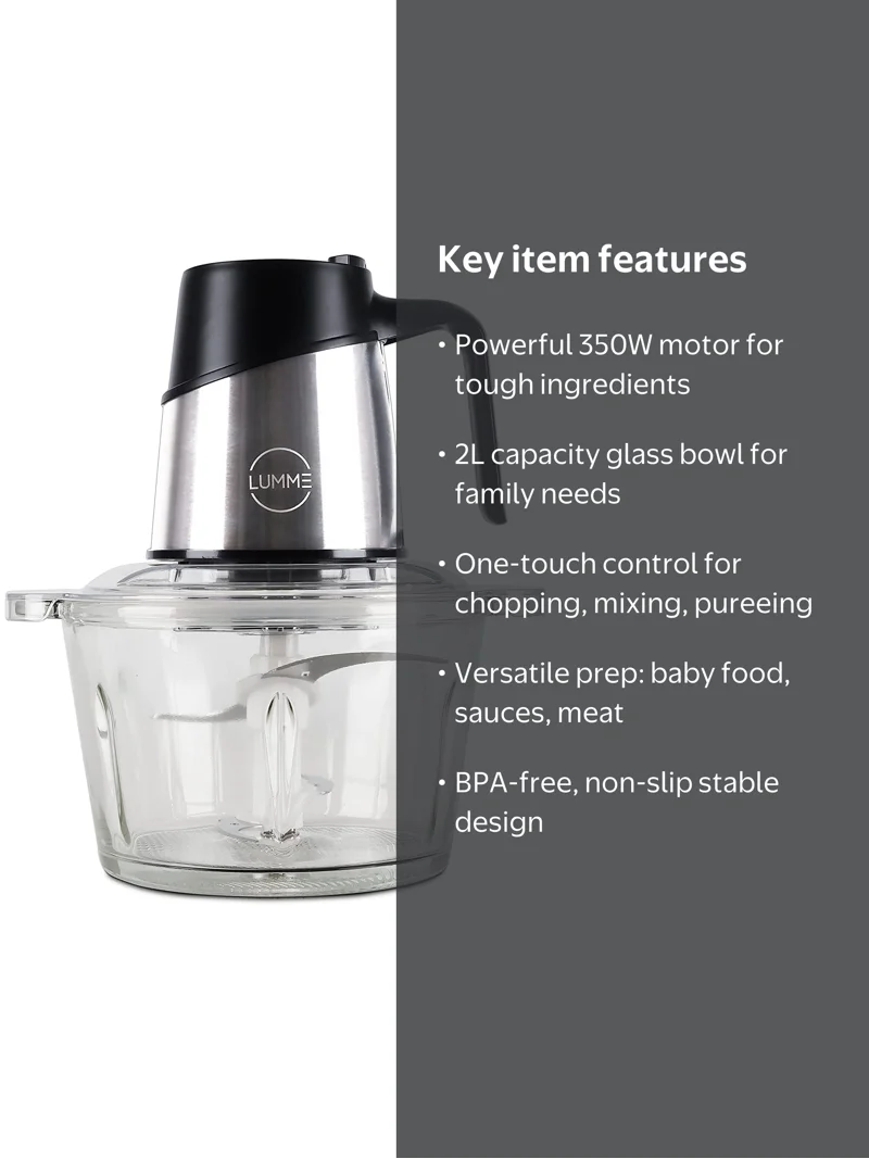 Lumme Food Chopper Fast Chopping Processor electric stainless steel with glass bowl sharp fast chopping blades