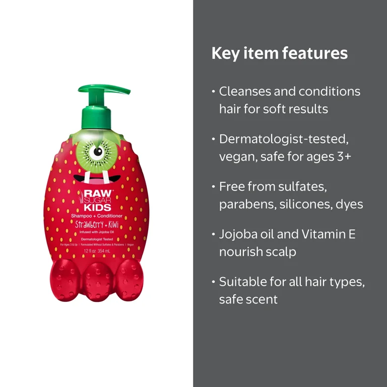 Raw Sugar Kids 2-in-1 Shampoo Conditioner Strawberry Kiwi 12 fl oz
