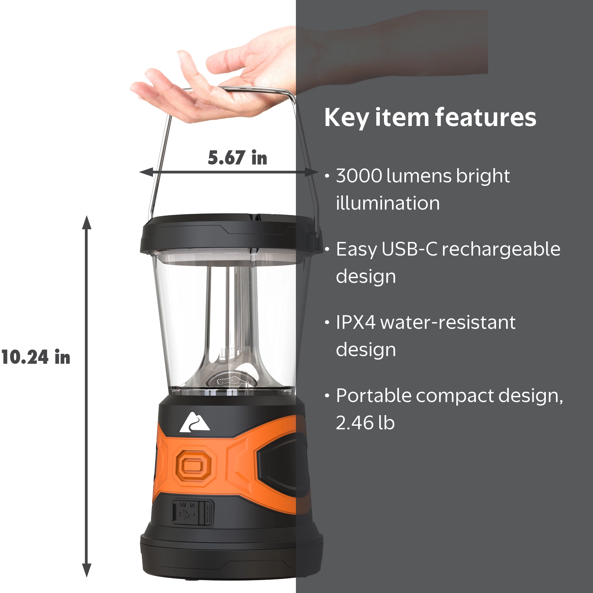 Ozark Trail LED Rechargeable Lantern, 3000 Lumen, IPX4, 4 Modes