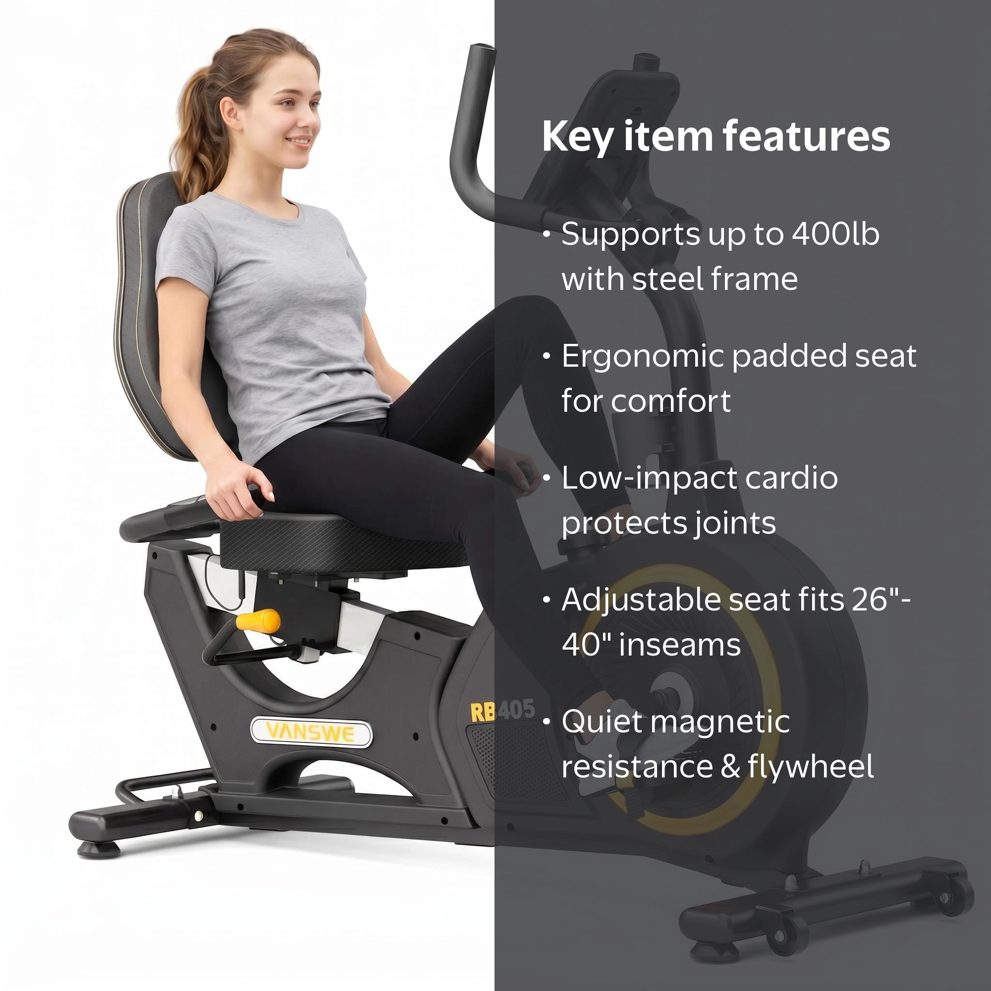 Vanswe, Recumbent Exercise Bike, 400 lbs Heavy Duty, Low-Impact