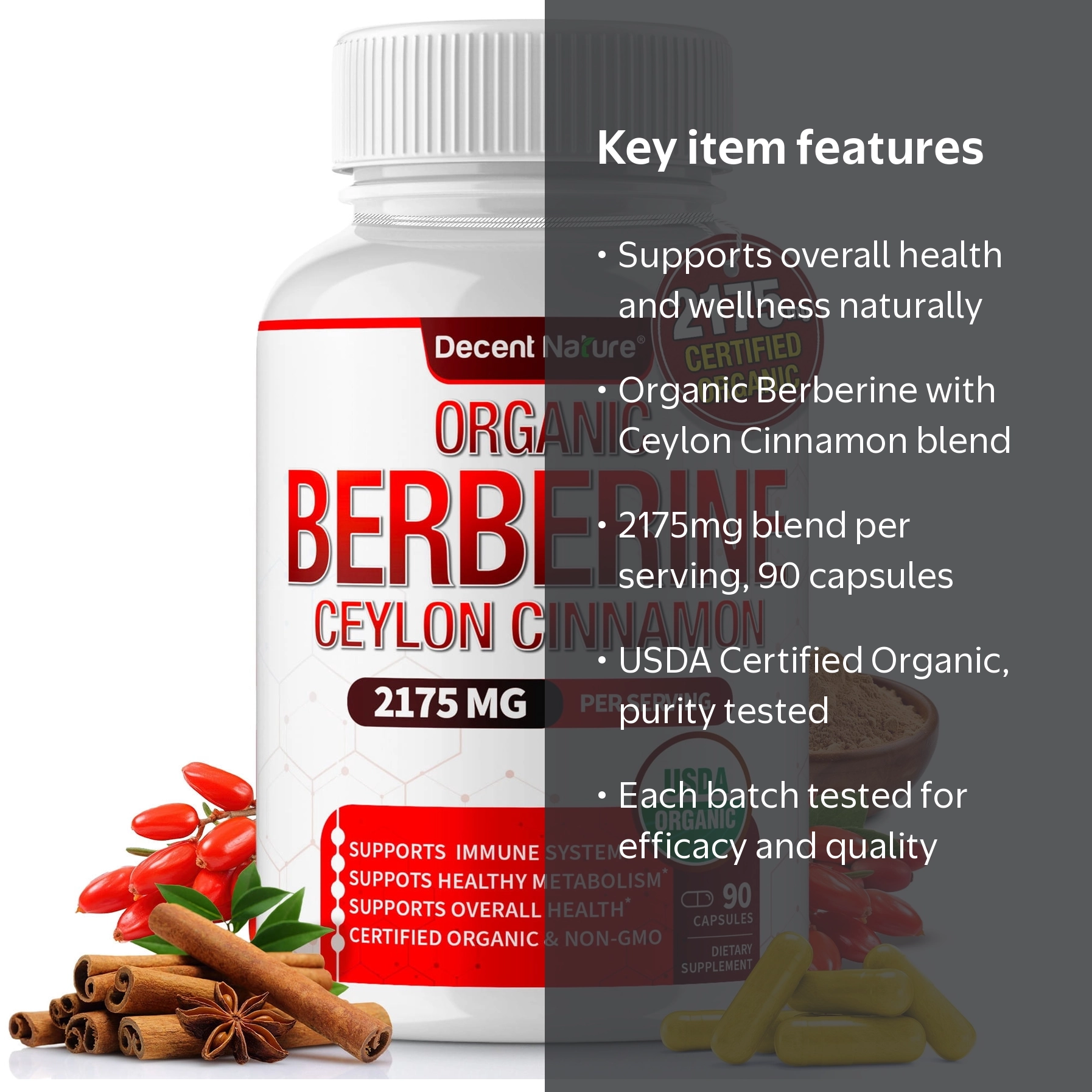 Decent Nature Organic Berberine with Ceylon Cinnamon 2175mg, 90