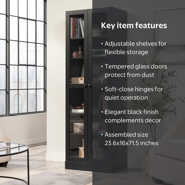 Mainstays Glass Door Storage Cabinet Bookcase, Black Finish