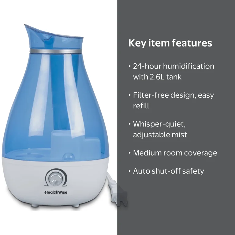 HealthWise Cool Mist Ultrasonic Humidifier | For Medium Size Rooms