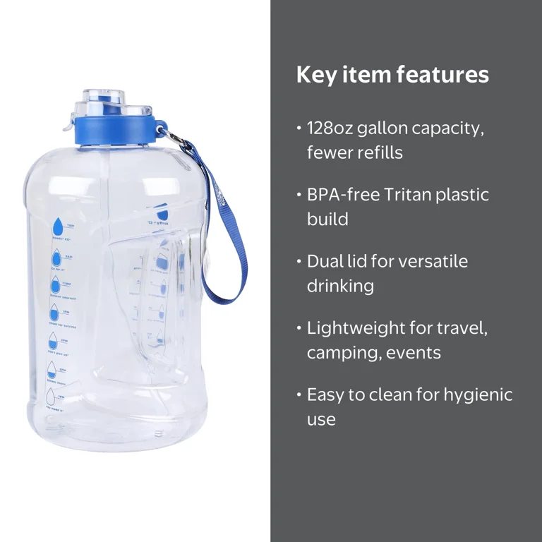 Athletic Works 128 oz Water Jug with Dual Lid, Blue Accent, Tritan