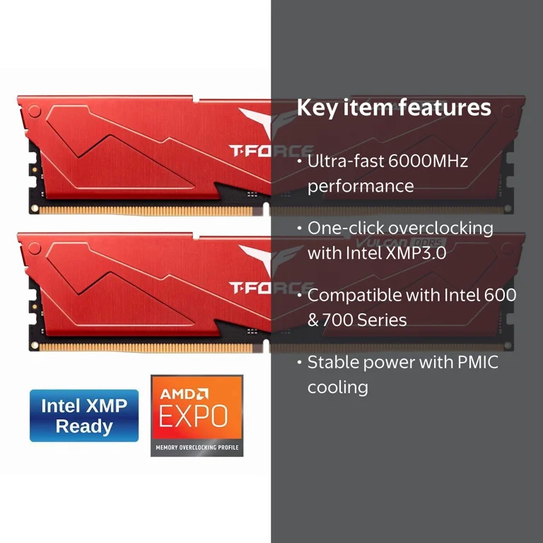 Team T-Force Vulcan 32GB DDR5 6000 PC RAM, Desktop Memory Model