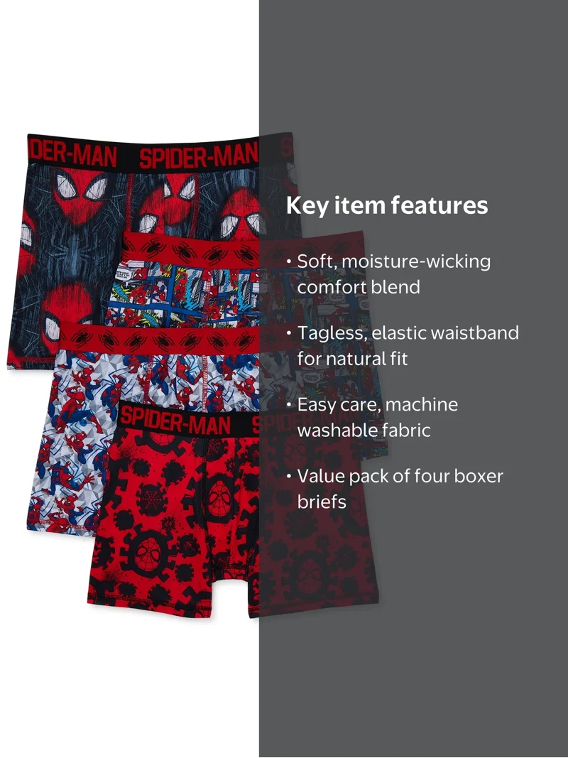 Marvel Boys Spider-Man Boxer Briefs Underwear, 4 Pack, Sizes XS-XL