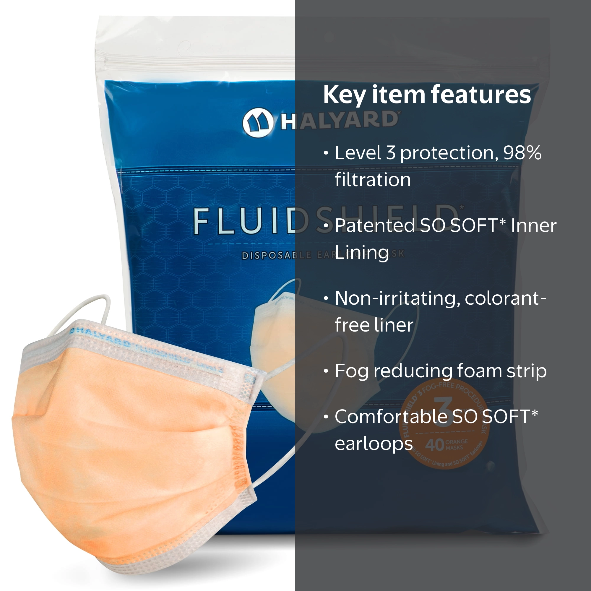 HALYARD FLUIDSHIELD 3 Disposable Face Mask - Level 3, Orange, Box