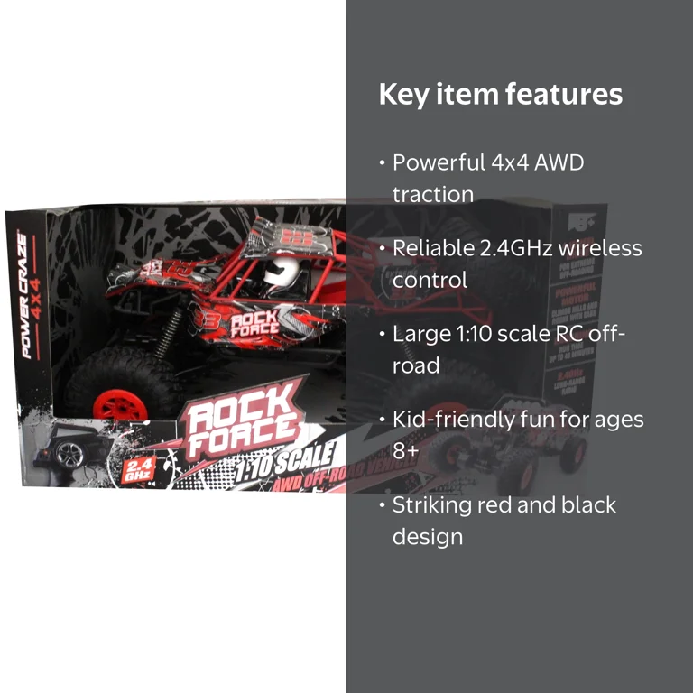 Power Craze Rock Force 4x4 RC AWD Off-Road Vehicle 1:10 Scale Red