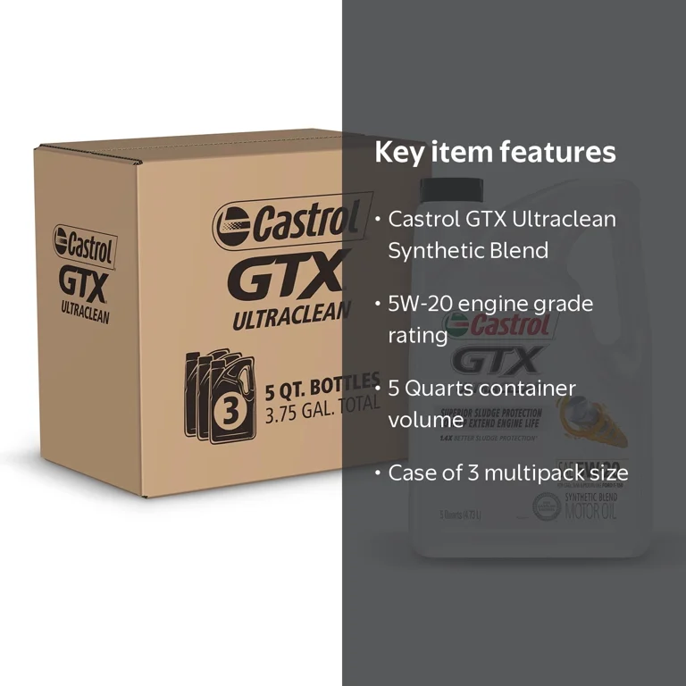 Castrol, Motor Oil, Ultraclean 5W-20 Synthetic Blend, 5 Quarts