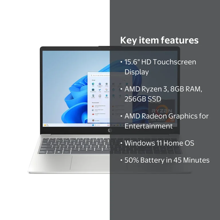 HP 15.6 inch Laptop, HD Touchscreen Display, AMD Ryzen 3 7320U, 8