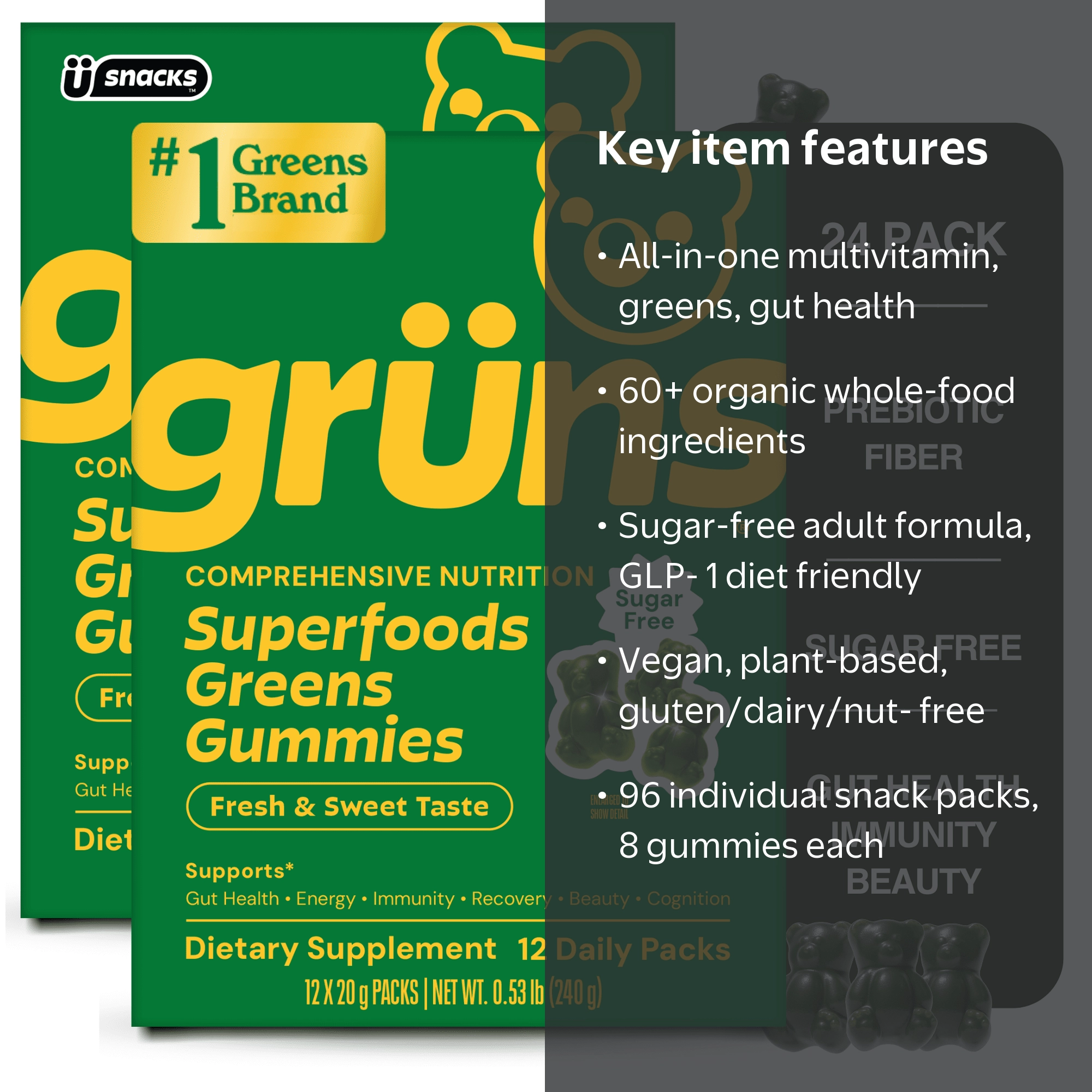 2 pack) Gruns Sugar Free Superfood Multivitamin Greens Gummies for