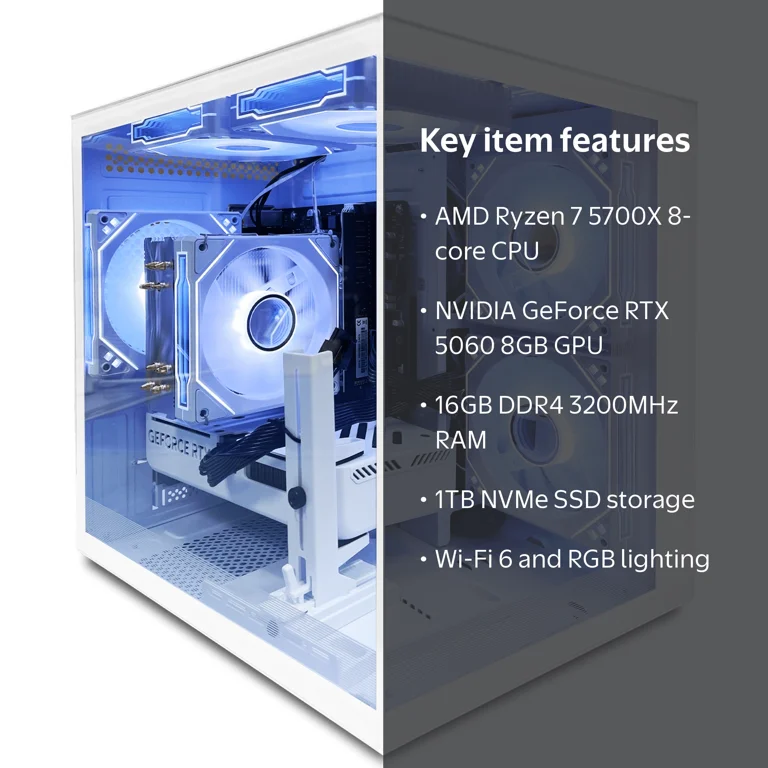 Suevery AMD Ryzen 7 5700X Gaming PC, NVIDIA RTX 4060 8GB, 32GB RAM