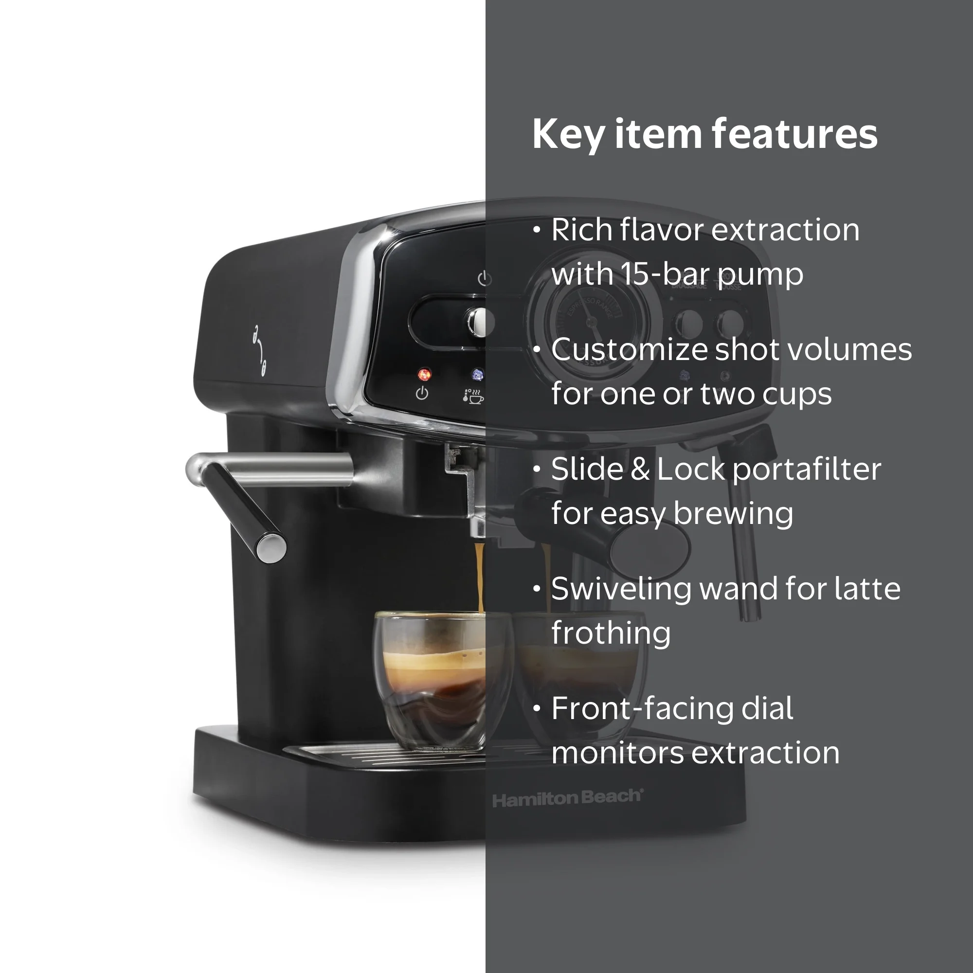 Hamilton Beach 15-Bar, 2 Cup Espresso Machine, Slide & Lock