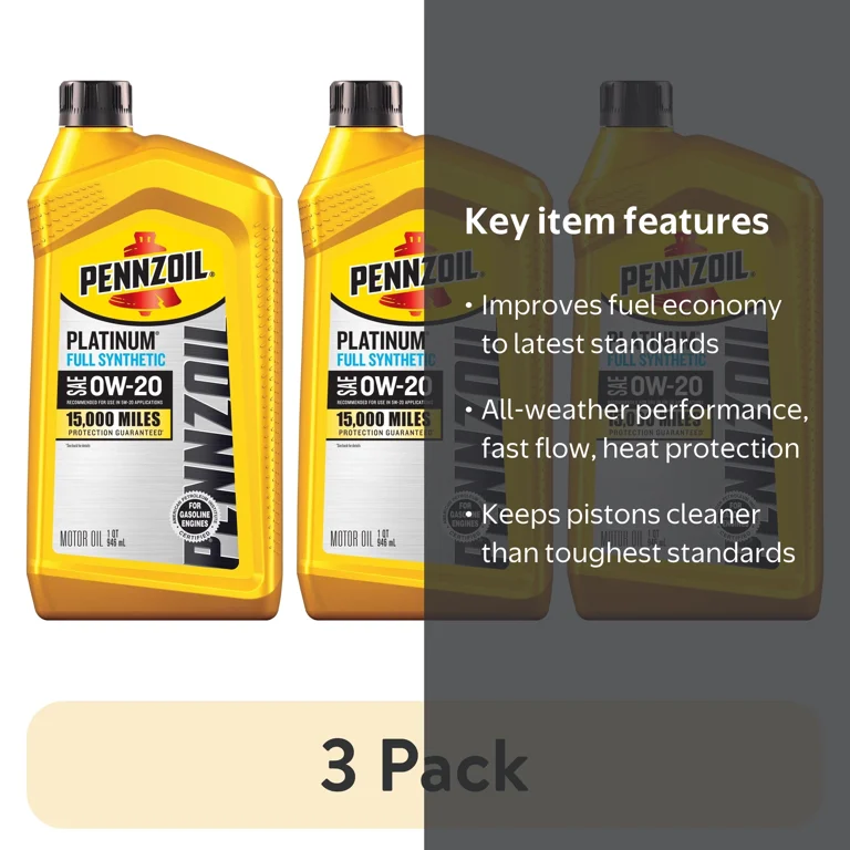 3 pack) Pennzoil Platinum Full Synthetic 0W-20 Motor Oil, 1-Quart
