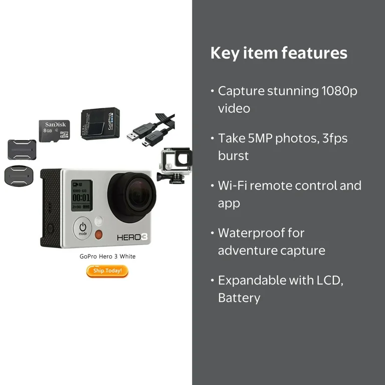 GoPro, Action Camera, HERO3 White Edition 1080P Wi-Fi Waterproof