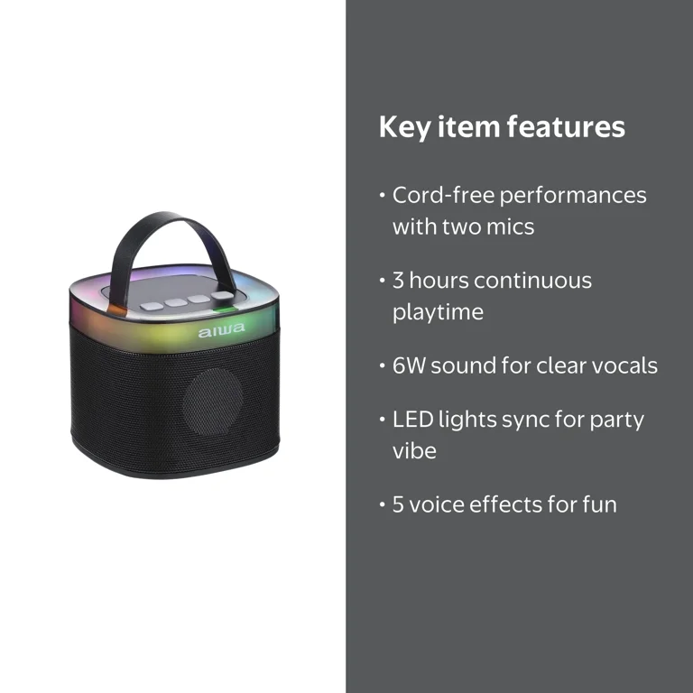 Aiwa Light up Wireless Karaoke Speaker, Black, AI6029-BLK