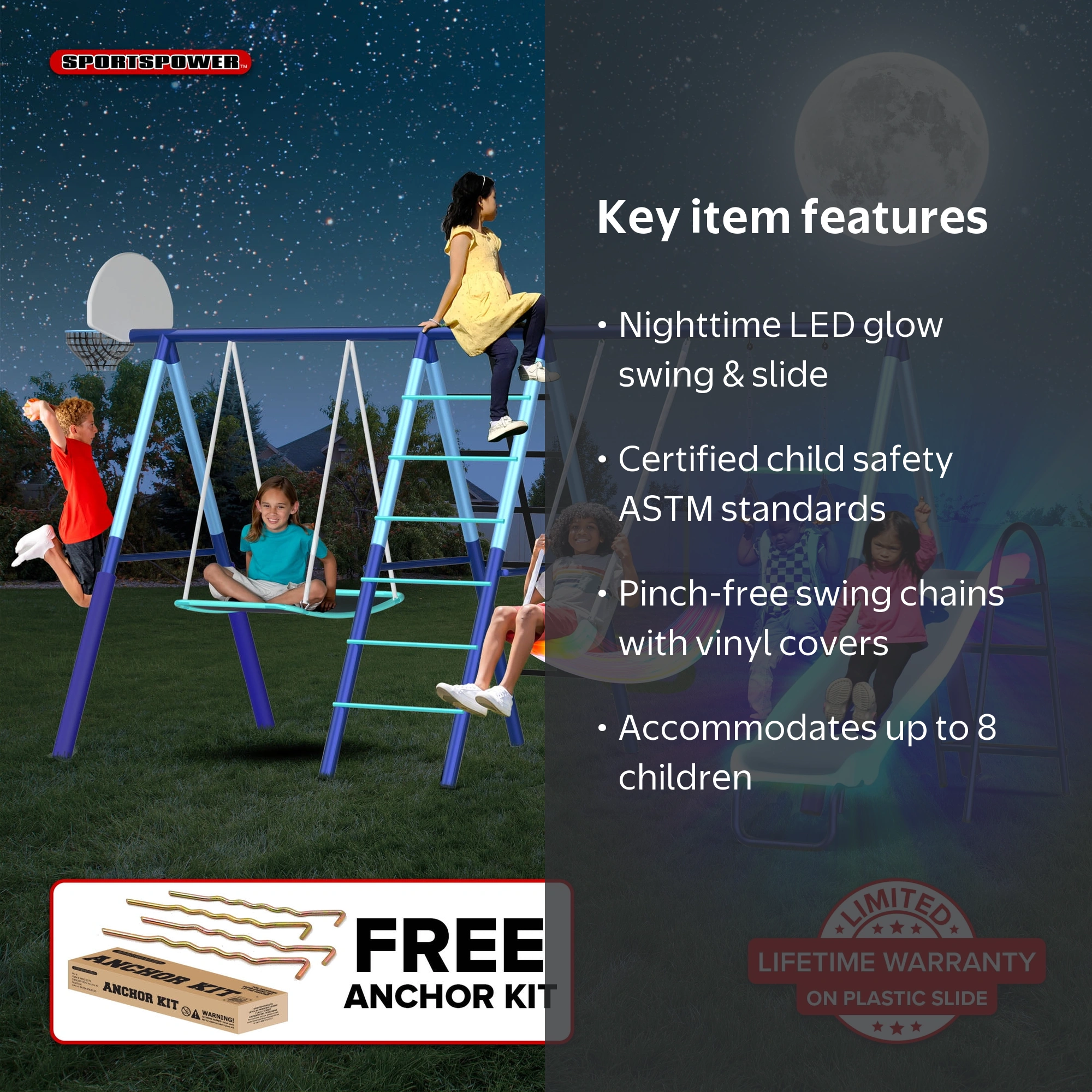 Sportspower, Outdoor Swing Set, Blue, 7-in-1 with LED Lights