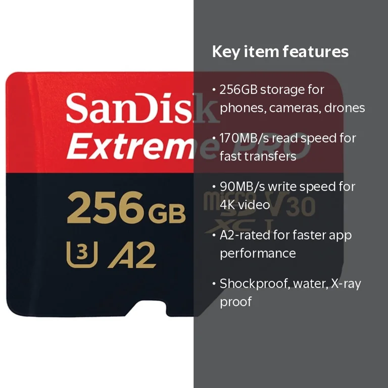 SanDisk, microSDXC Memory Card, 256GB, UHS-I U3 A2 V30 for 4K UHD