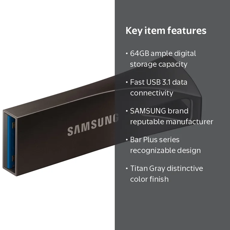 Samsung, USB Flash Drive, 64GB Bar Plus Titan Gray, USB 3.1