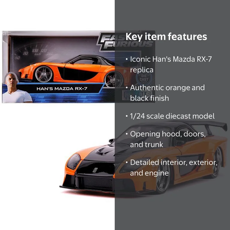 Jada Toys, Diecast Model Car, Han's Mazda RX-7 1/24, Orange and