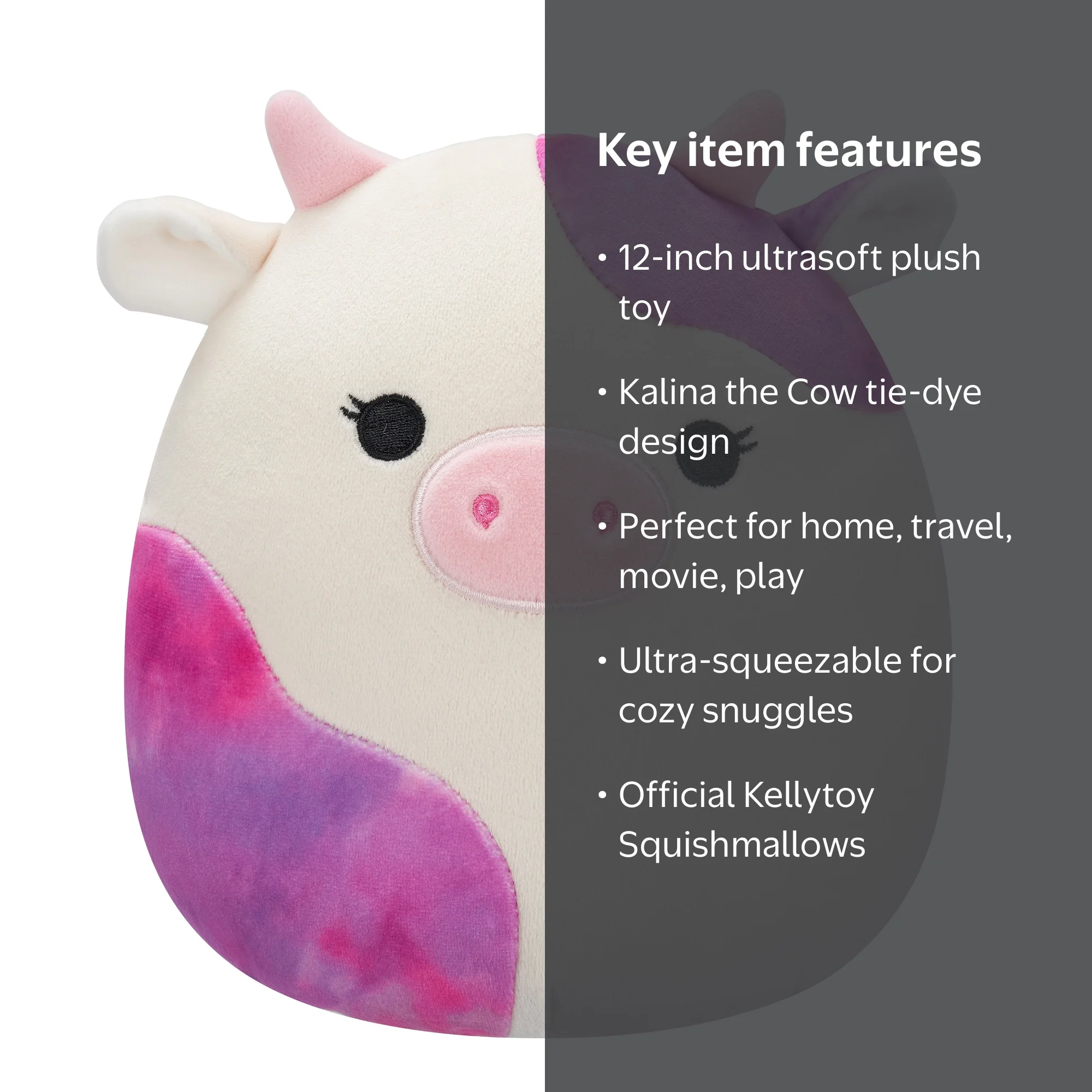 Squishmallows Kalina – Vache Blanche à Pois Roses Tie-dye, Peluche Ultra-douce 19,1 Cm, Avec Biographie