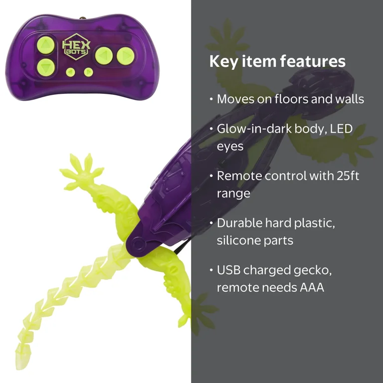 HEX BOTS, Glow-in-the-Dark Wall Crawler Gecko, RC Robot Toy for